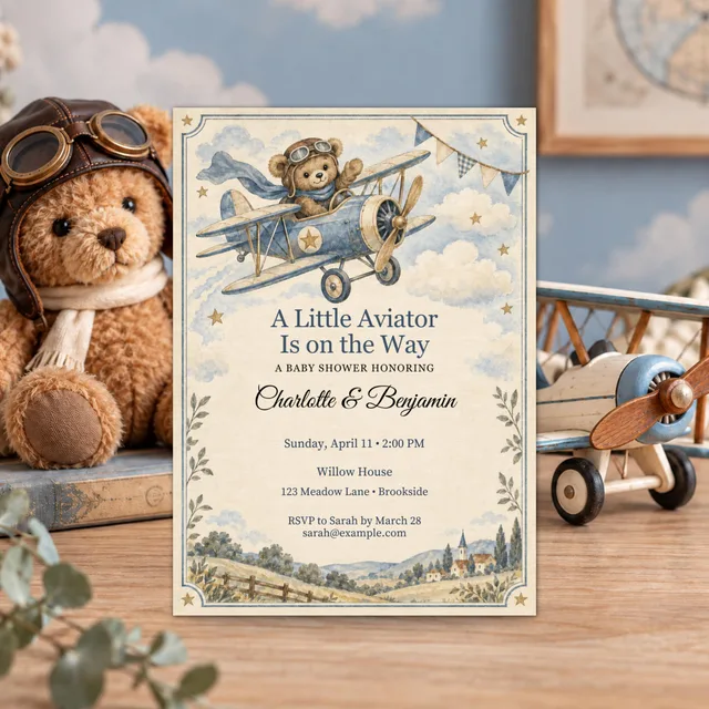 QDP vintage aviator teddy invitation with a blue airplane, styled beside a teddy bear and wooden plane.