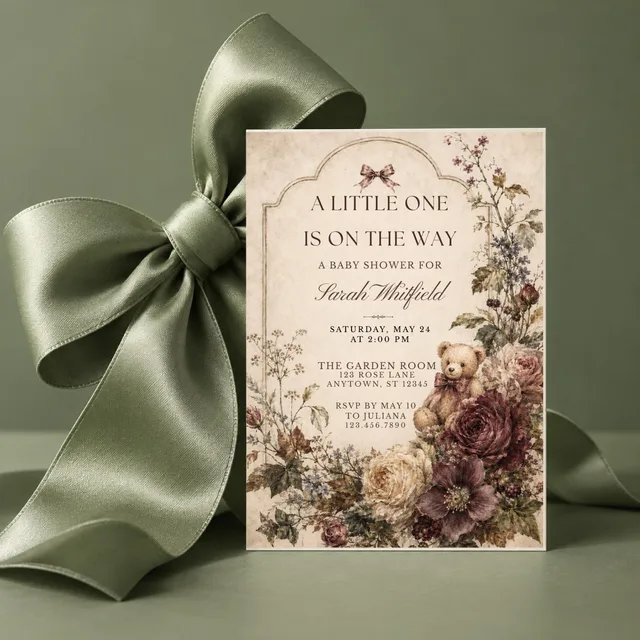 QDP’s moody woodland teddy invitation with antique floral details and a sage satin bow.
